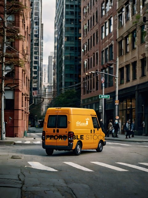 A yellow van on a city street