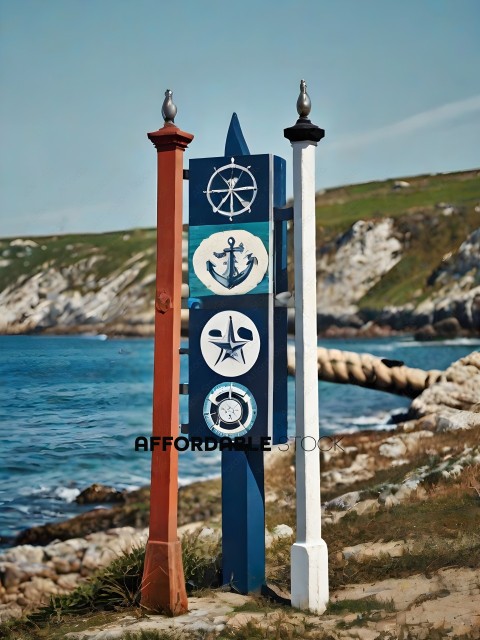 A sign with a compass, anchor, star, and circle on it