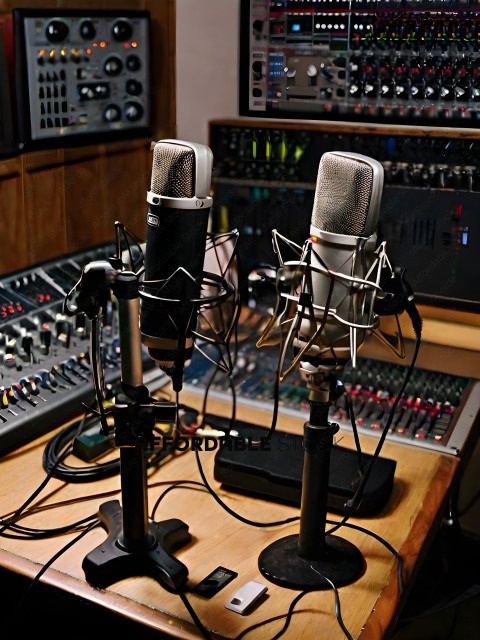Two Microphones on a Table with a Mixing Board