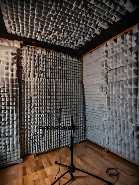 A microphone in a soundproof room with white walls