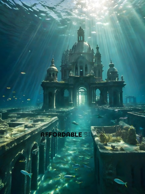 An underwater view of a palace with a sun shining through
