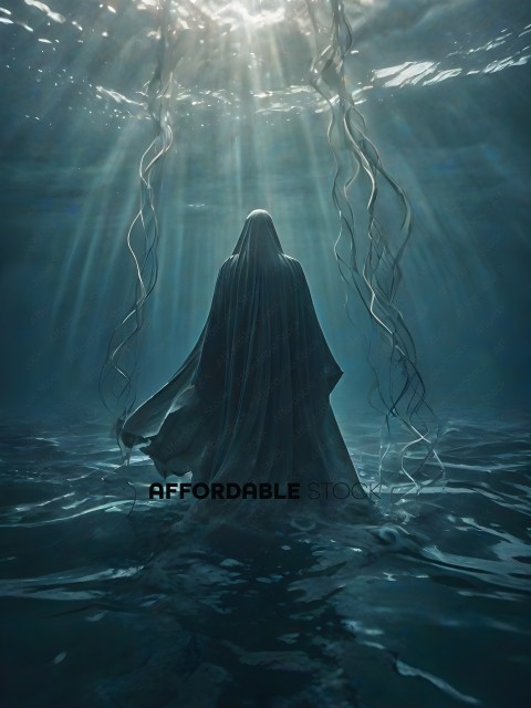 A ghostly figure stands in the ocean