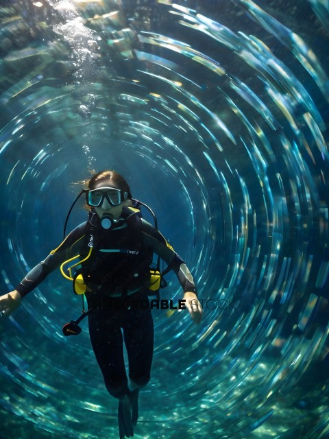 A woman in a black wetsuit is underwater