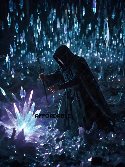 A person in a black cloak and hood is looking at a glowing crystal