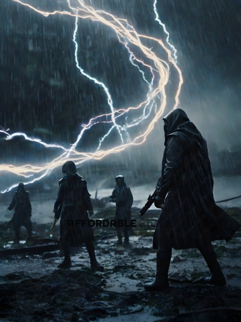 A group of soldiers stand in the rain with lightning in the background