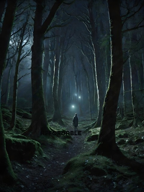 A person walking through a forest at night