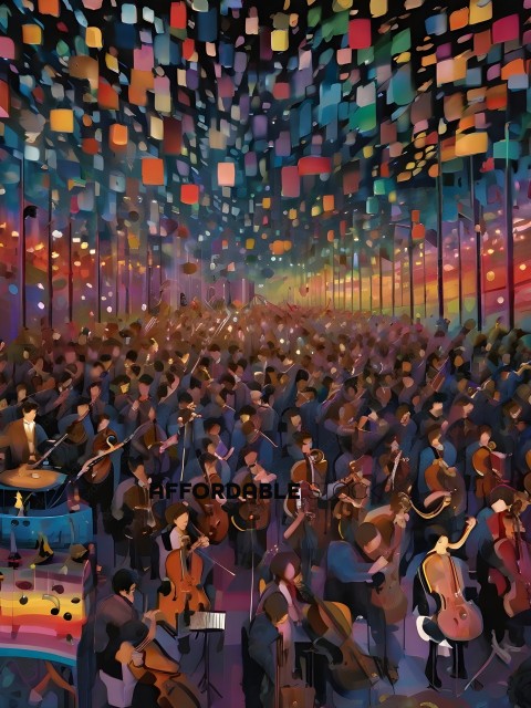 A large crowd of people playing instruments