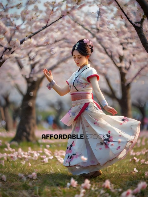 A woman in a white dress with pink flowers dances in a park