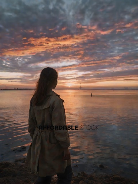 A woman in a trench coat stands on the beach at sunset