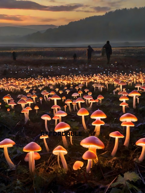 A group of mushrooms with a person in the background