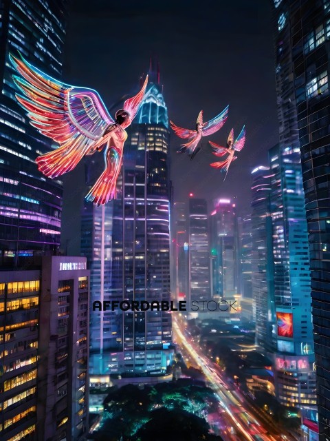Two angels flying over a city at night
