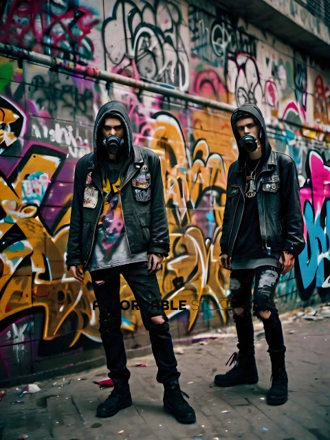 Two men in black clothing and face paint stand in front of a graffiti covered wall