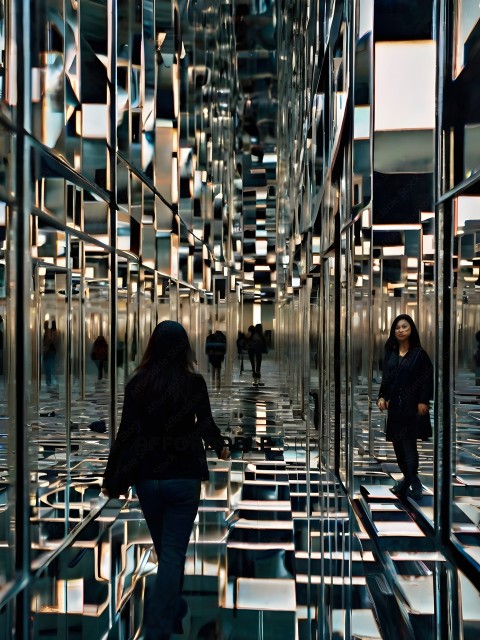 A woman walking through a mirrored hallway
