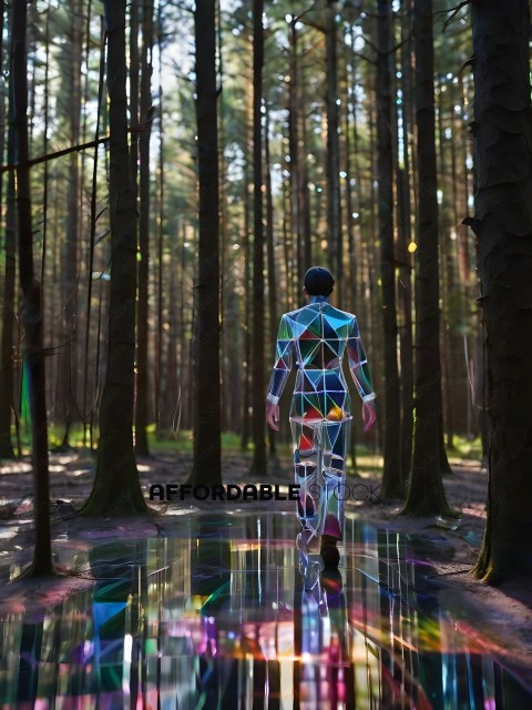 A man in a colorful suit walks through a forest