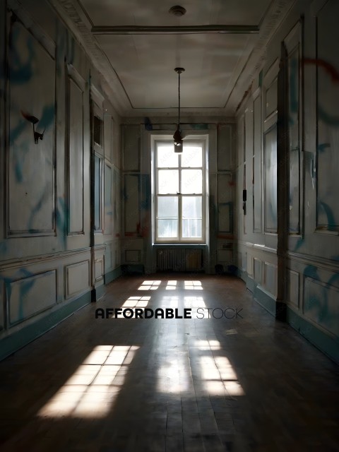 A long hallway with a window and graffiti on the walls