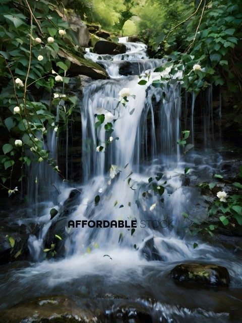 A waterfall with white flowers