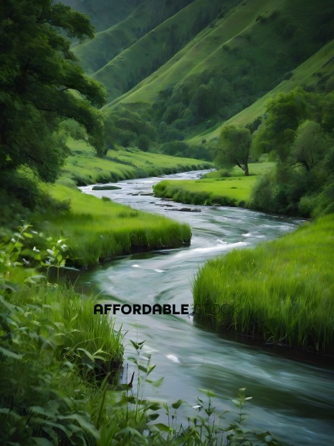 A river with green grass and trees