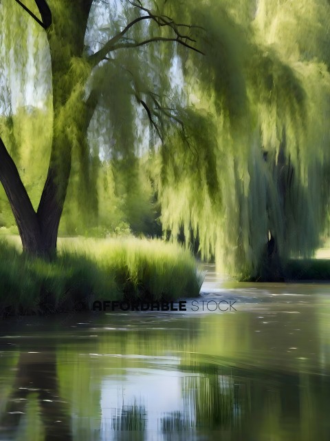 A serene scene of a river with trees and grass