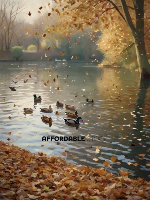 Ducks swimming in a lake with leaves