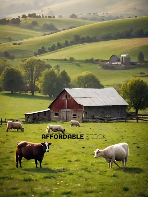 Cows grazing in a pasture with a barn in the background