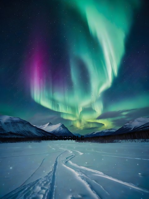 A beautiful night sky with a green and purple aurora and a snowy landscape