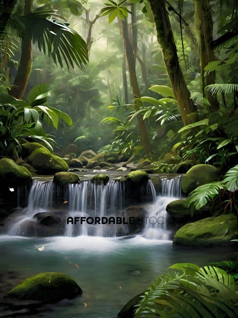 A waterfall in a jungle with a lot of plants