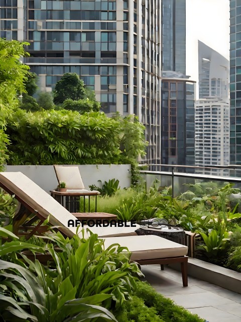 A rooftop patio with a lounge chair and plants