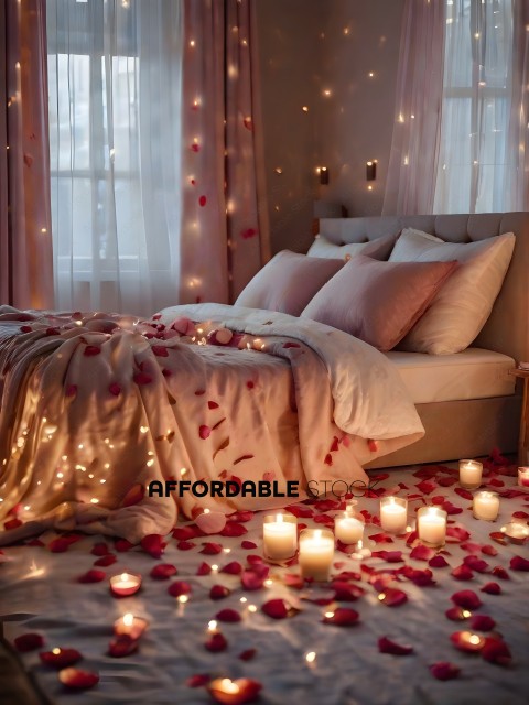 A bed with a blanket and pillows with rose petals on the floor