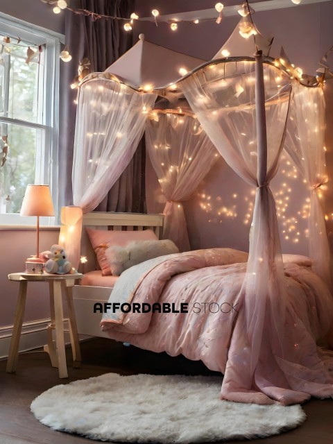 A Pink Bedroom with Lights and Curtains