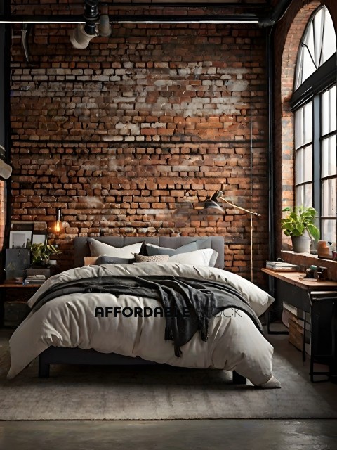 A bedroom with a brick wall and a white bed