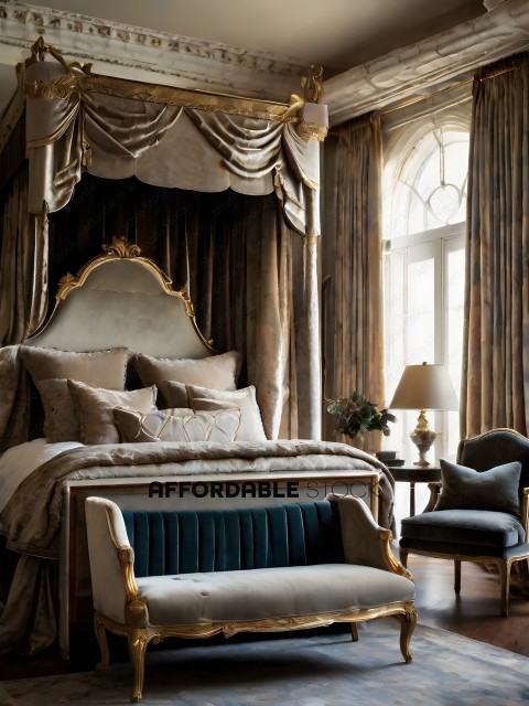 A luxurious bedroom with a canopy bed and a green bench