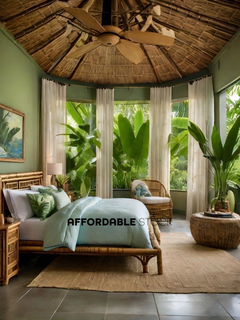 A bedroom with a bed, a chair, and a plant