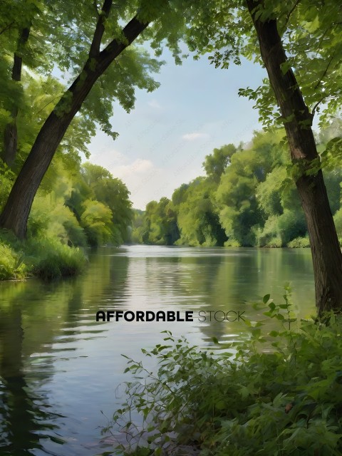 A serene scene of a river with trees and foliage