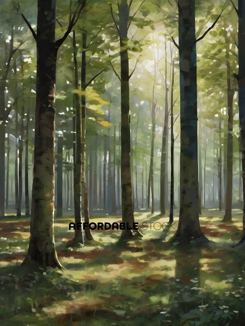 A forest with trees and sunlight