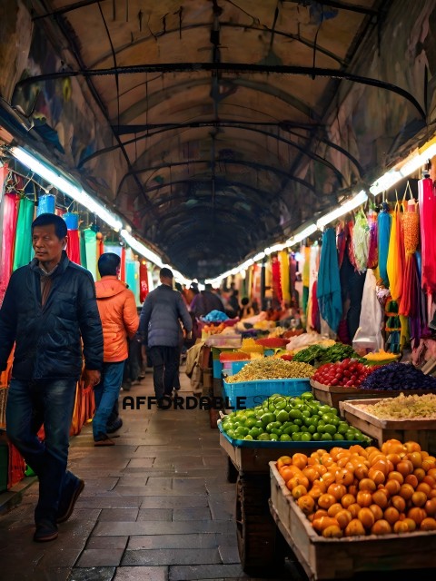 Aisle of a market with people walking through