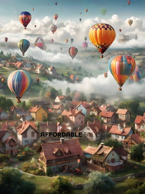 Colorful hot air balloons flying over a village