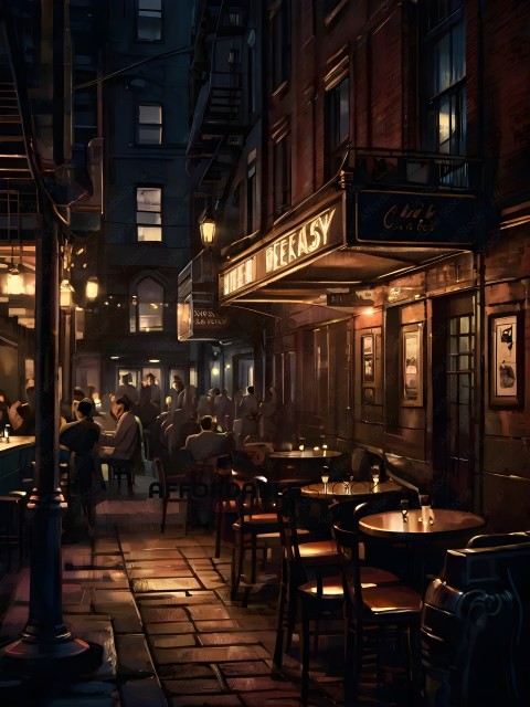 A busy city street at night with a bar and restaurant
