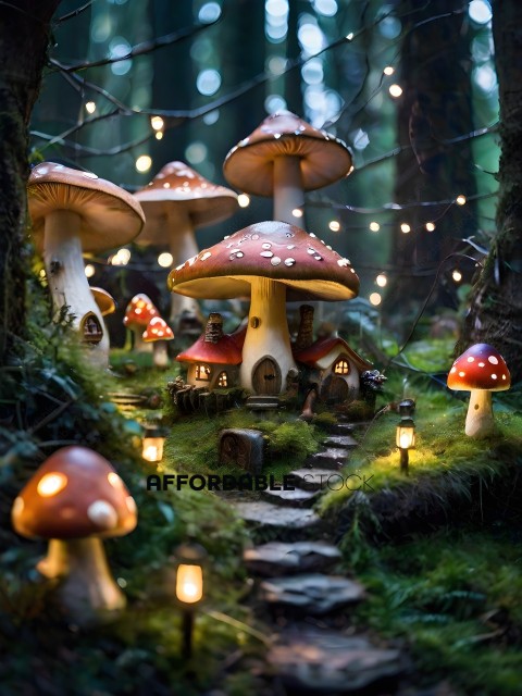 A group of mushrooms with lights on them