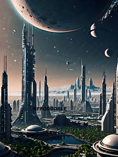 Futuristic City with Tall Buildings and Planets in the Background