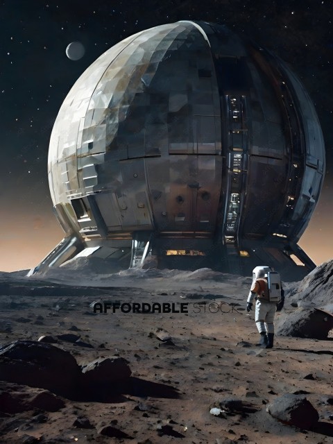 Astronaut standing in front of a large structure on a barren planet