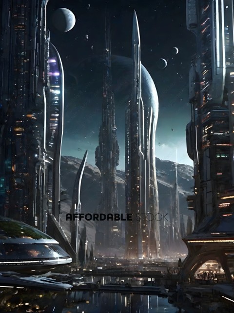 A futuristic city with a skyline of tall buildings