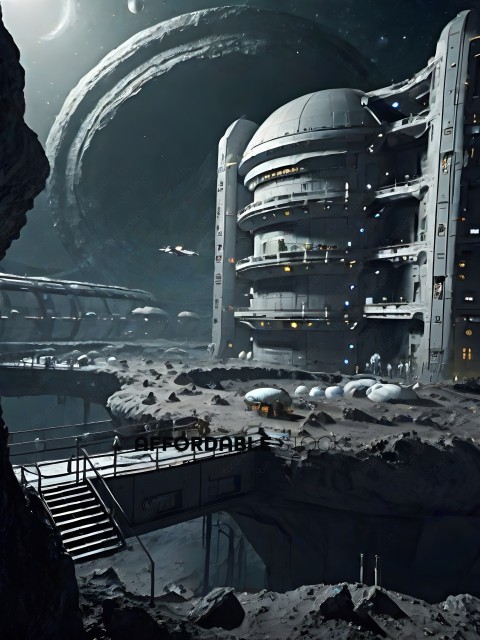 A futuristic city with a space station and a large building