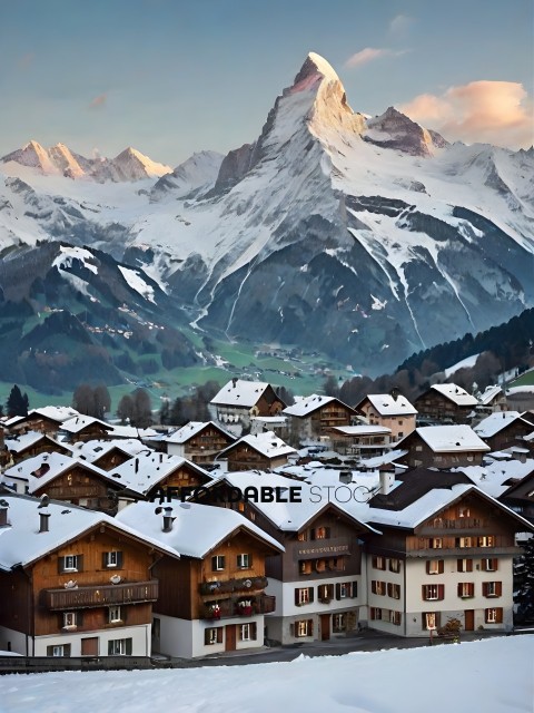 Snowy mountain town with houses and ski slopes
