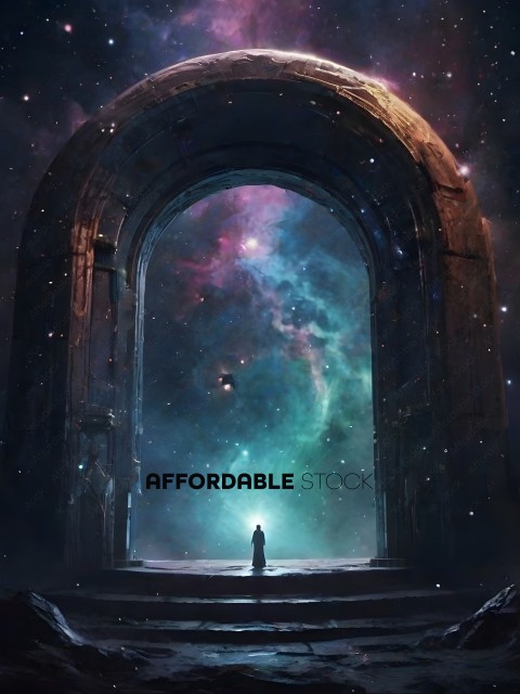 A person standing in front of a doorway with a starry sky