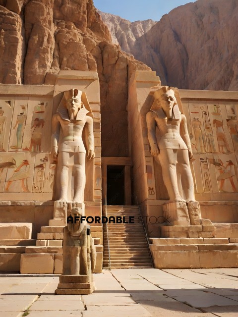 Two Egyptian statues on steps in front of a wall with hieroglyphics