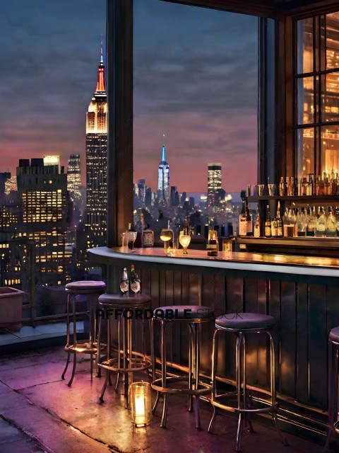 A bar with a city view and a lit up skyline