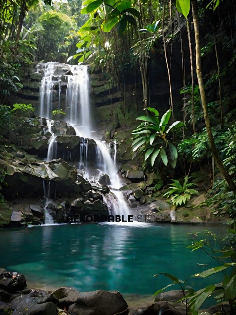 A waterfall in a jungle with a pool at the bottom
