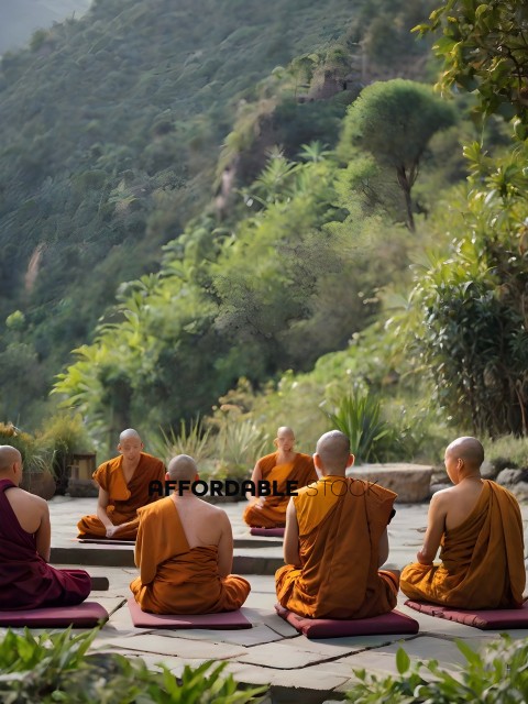 Buddhist monks sitting in a circle in a forest