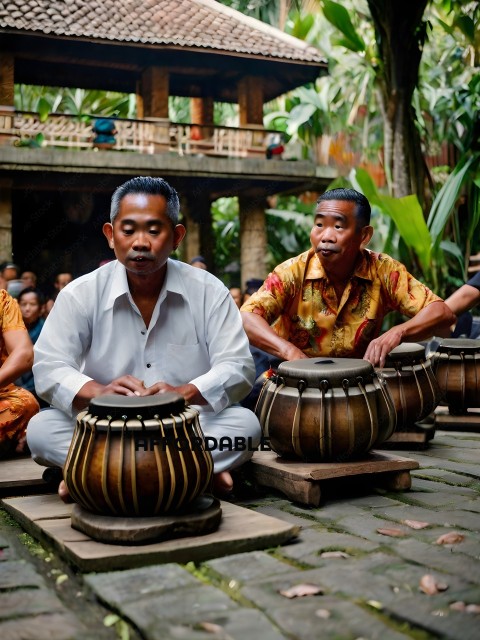 Three men playing drums in a village