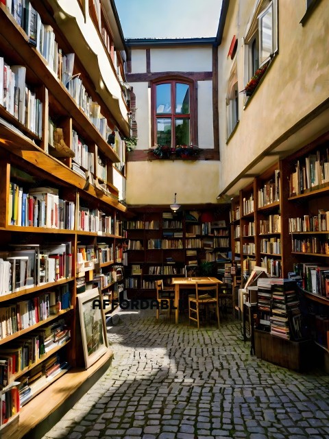 A library with a large collection of books and a table in the middle